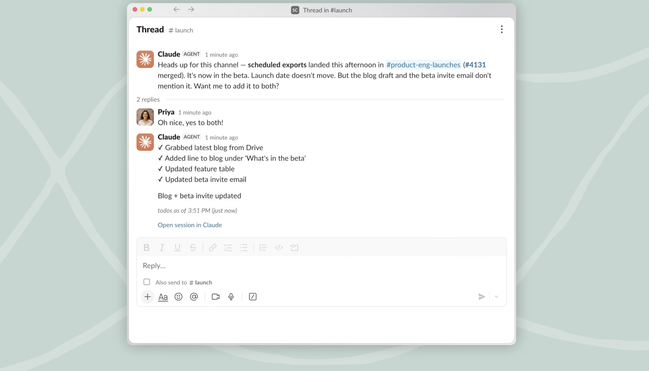 ตัวอย่างหน้าตา Claude Tag ที่ตอบในเธรด Slack โดยดึงบริบทจากบทสนทนาก่อนหน้า