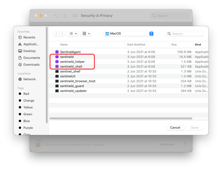 หน้าต่างเลือกไฟล์แอปพลิเคชันเพื่อเพิ่มสิทธิ์ Full Disk Access ใน Security & Privacy ของ macOS