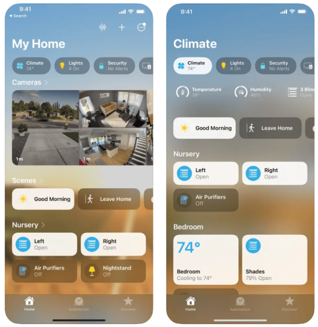 หน้าจอแอป Apple Home แสดงภาพรวมบ้าน กล้อง และการควบคุมอุปกรณ์