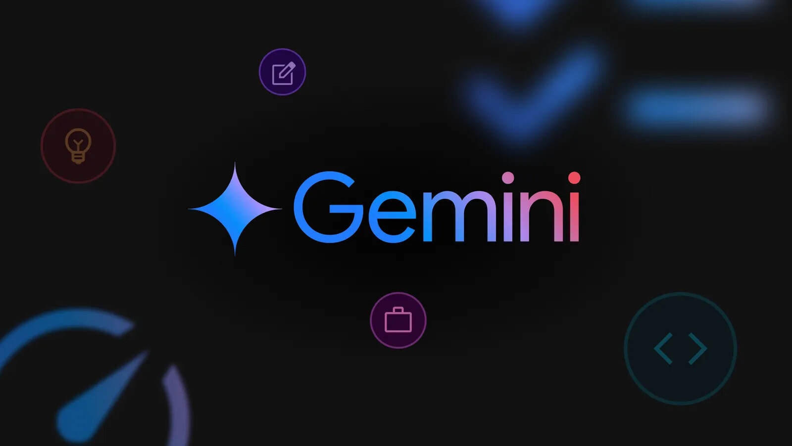 โลโก้ Gemini พร้อมไอคอนสื่อถึงความสามารถด้านความเร็ว งานเขียน และโค้ด