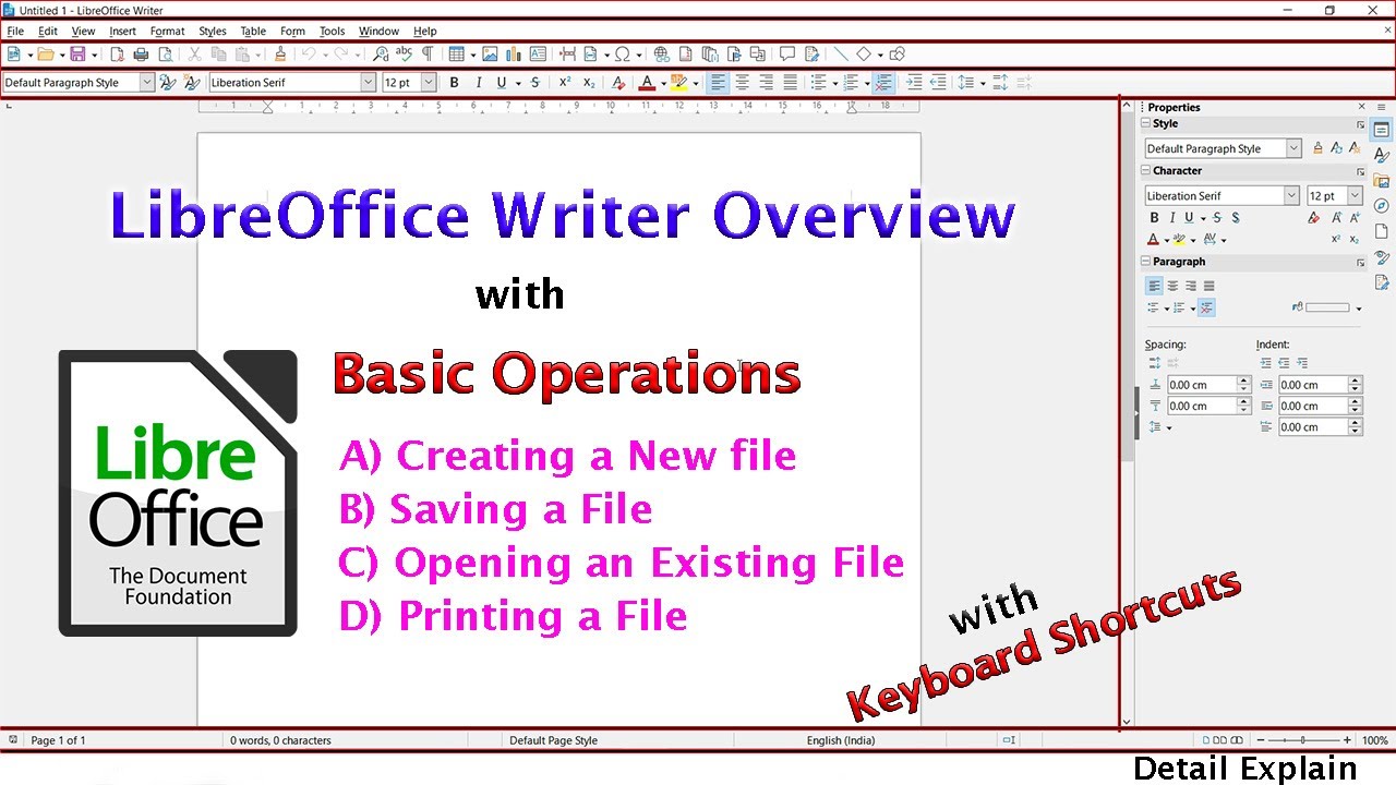 หน้าจอ LibreOffice Writer แสดงการใช้งานพื้นฐานของโปรแกรมเอกสาร