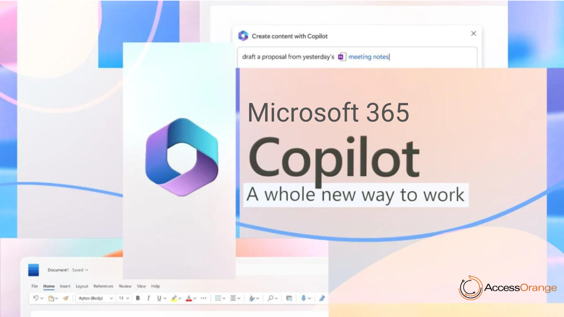 หน้าจอ Copilot ใน Microsoft 365 กำลังร่างข้อเสนอจากบันทึกการประชุม พร้อมข้อความ A whole new way to work