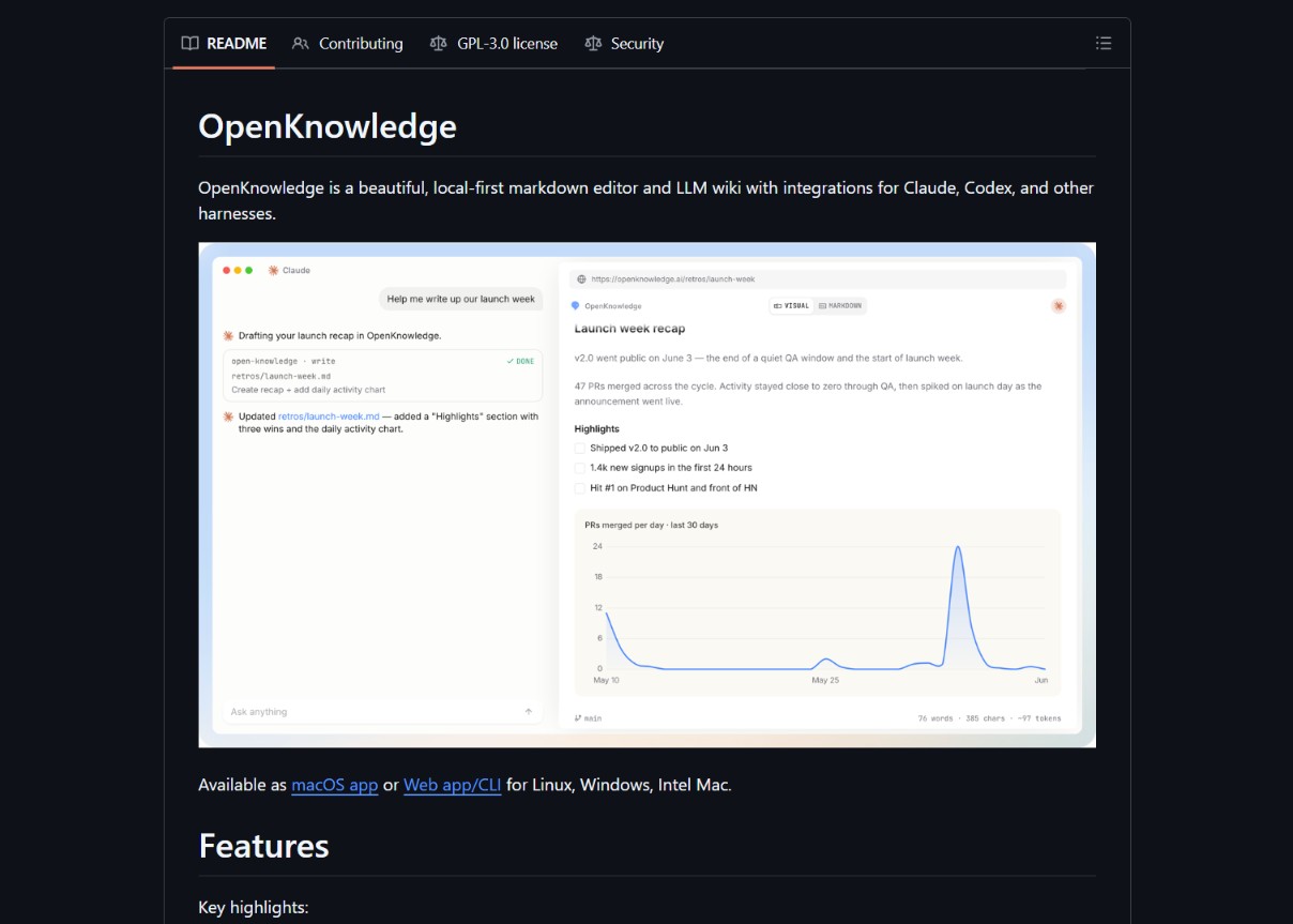 ภาพหน้าจอ OpenKnowledge ที่โพสต์บน Show HN แสดง layout ของ note-taking app แบบ AI-first